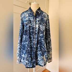 Ryan Michael Western Bleached Acid Wash Tie-Dye Indigo Button-Down Shirt Top L